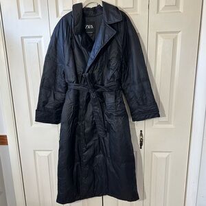 Zara Long Puffer Coat Belted Trench Duster Coat Jacket Womens Size Medium
